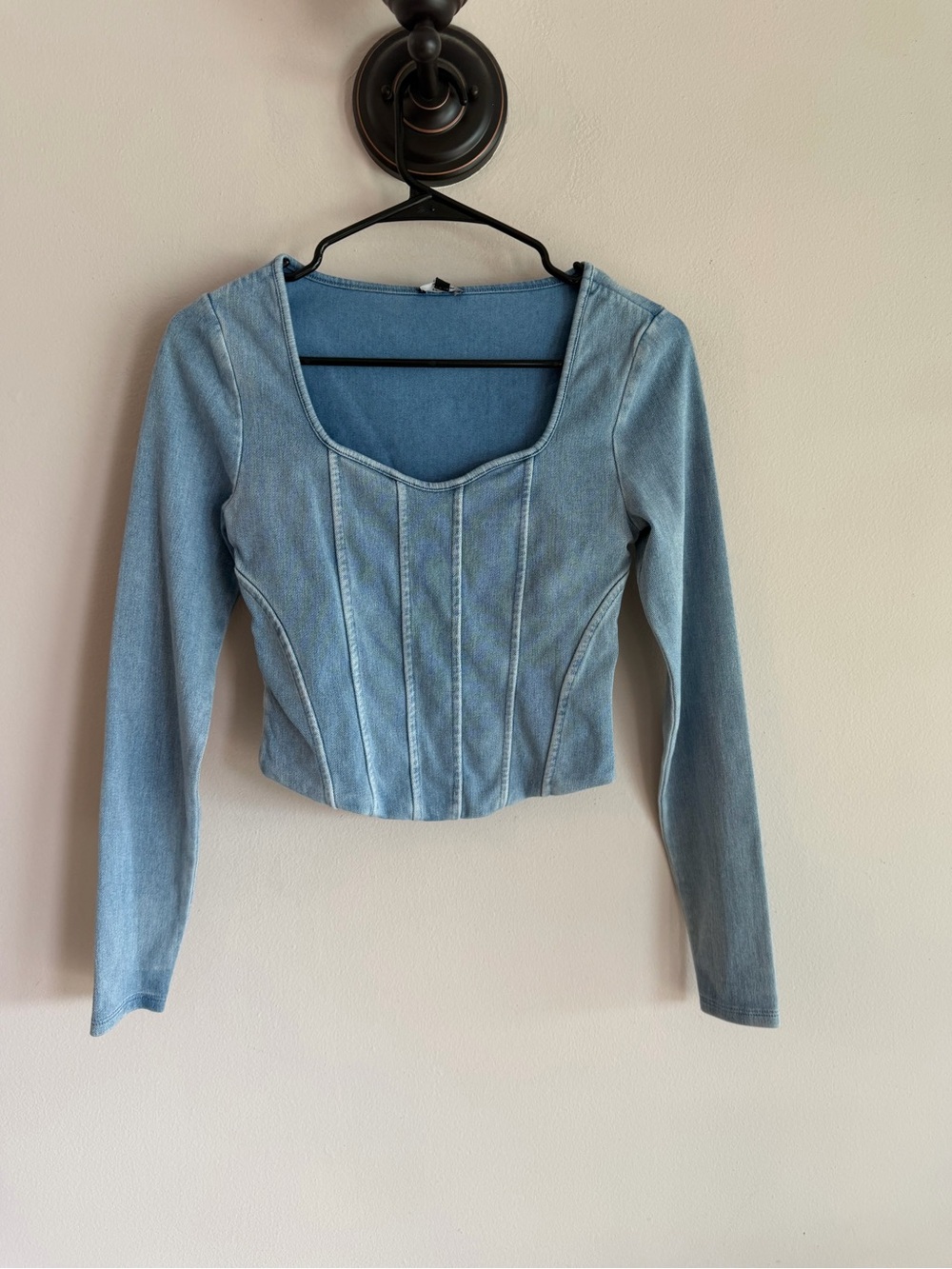 NWT Express Body Contour Light Wash Denim Long Sleeve Corset Top - Size XS